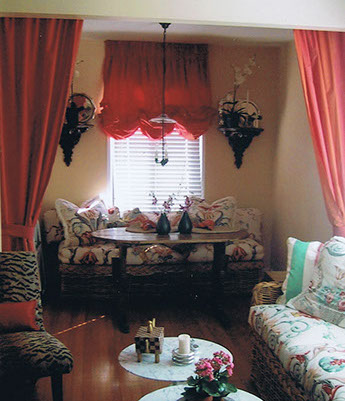 Soft valances  and cornice boards, red shades and wood