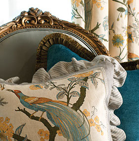 sandy drapes, seat cushions, striped, tan trending pillows and fabrics. vignettes close up view, bright pillows
